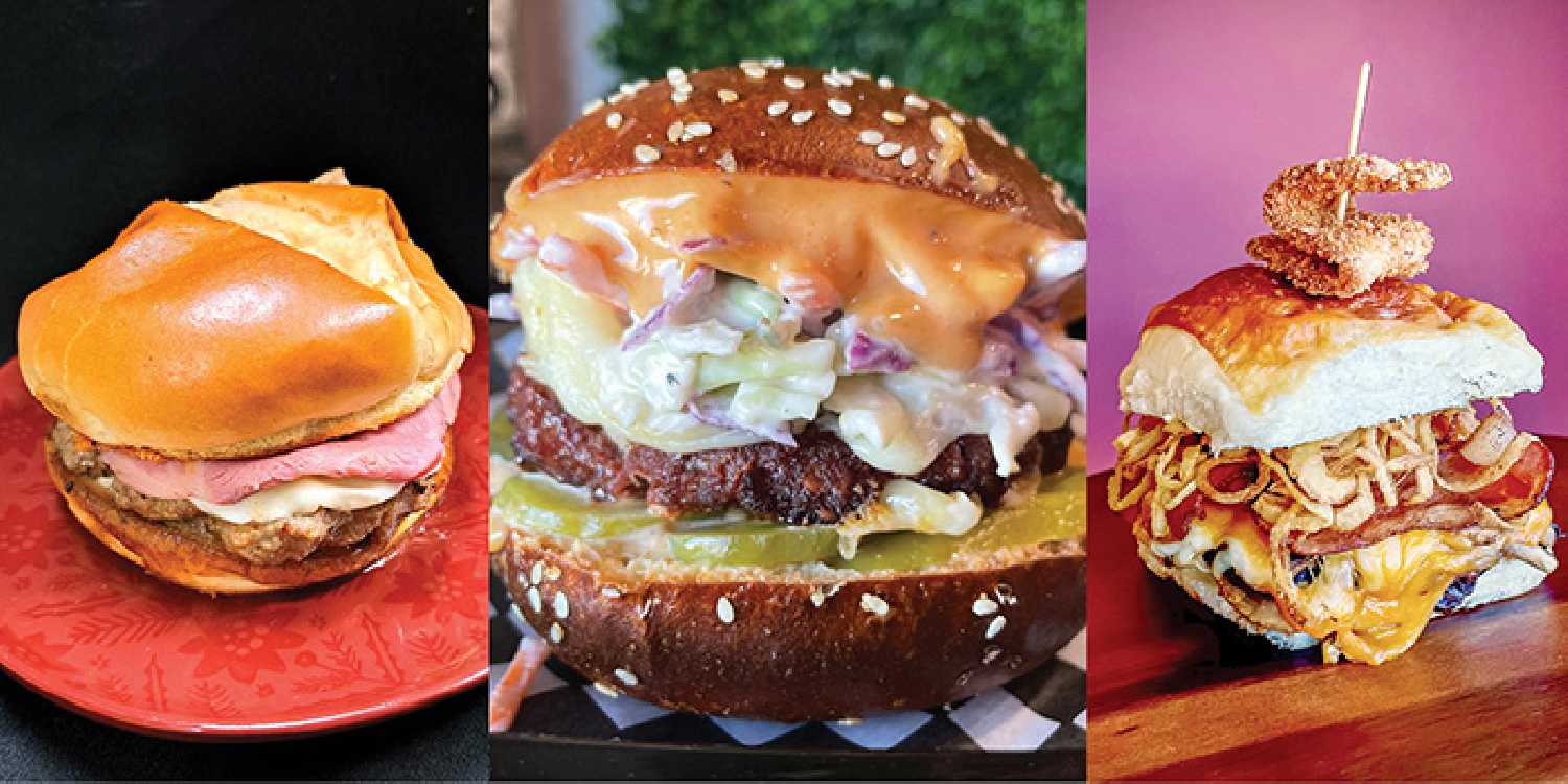 From left are burgers from Cork & Bone, The Cratehouse and Blueberry Kitchen.